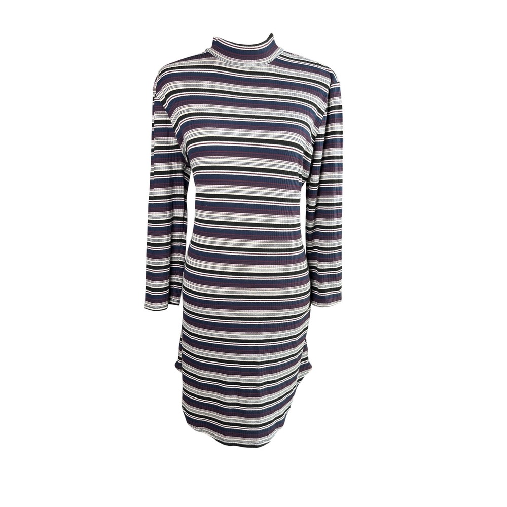 Y2K Justify Striped Ribbed Mock Neck Long Sleeve Retro Mini Dress Multi-Color XL